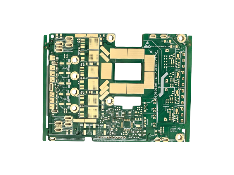 Close-up of a multilayer PCB board highlighting dense traces and via structures.