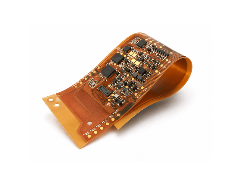 Close-up of a multilayer PCB board highlighting dense traces and via structures.