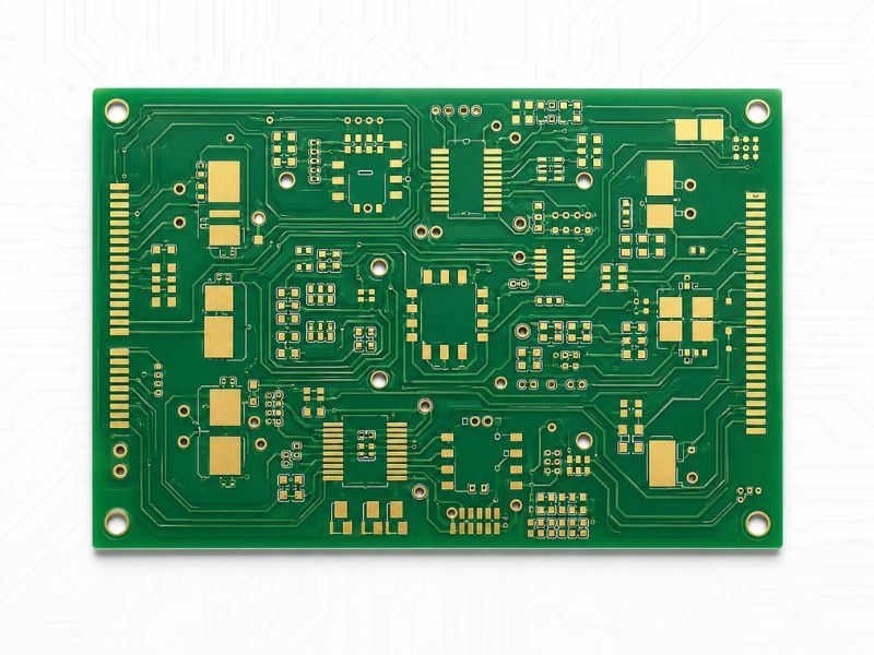 Close-up of a multilayer PCB board highlighting dense traces and via structures.