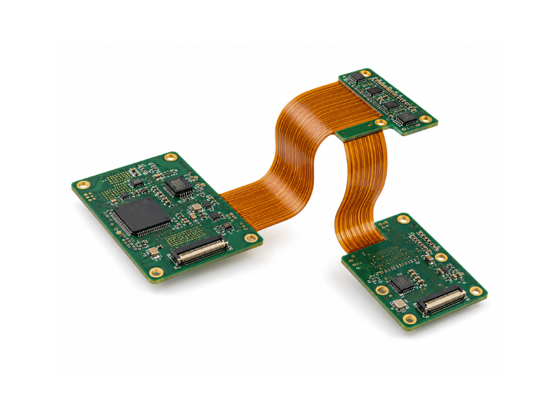 Close-up of a multilayer PCB board highlighting dense traces and via structures.